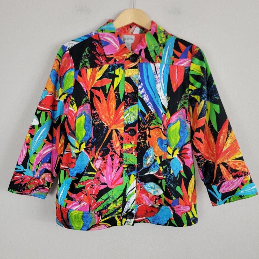 Chico's Jacket Sz 1 Multicolor Tropical Floral Button Front Abstract Long Sleeve